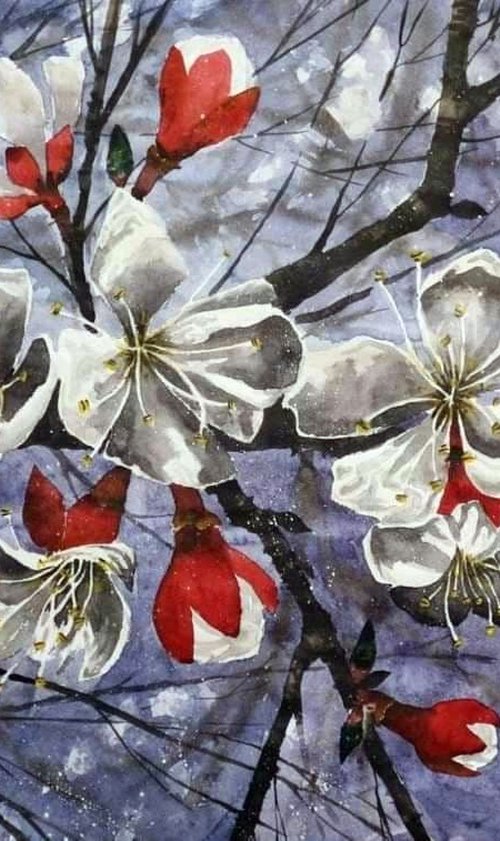 "Apricot blossoms. Evening" 2021 Watercolor on paper 60х84 by Eugene Gorbachenko