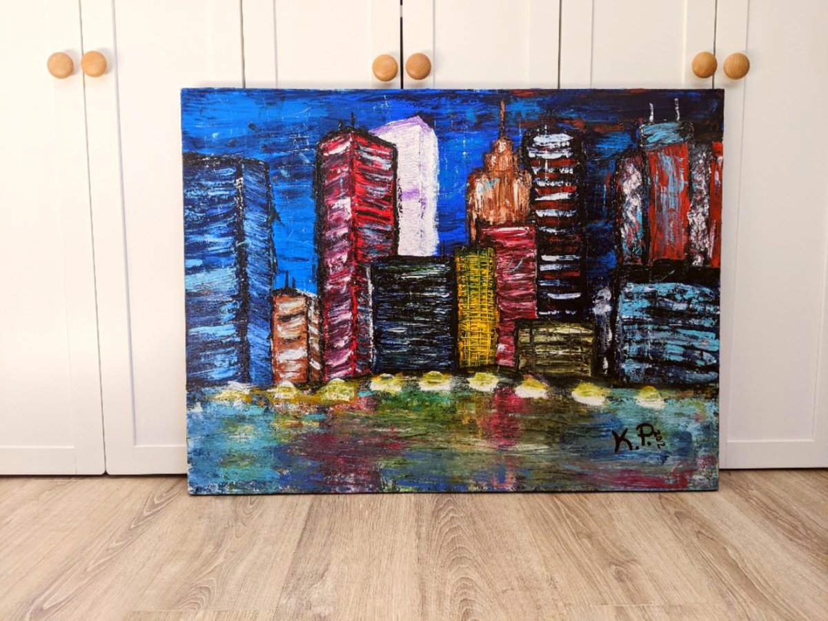 Impressionistic Cityscapes Acrylic Painting By Kasia Pawlak, 40 X 30", Night View, Original Artwork