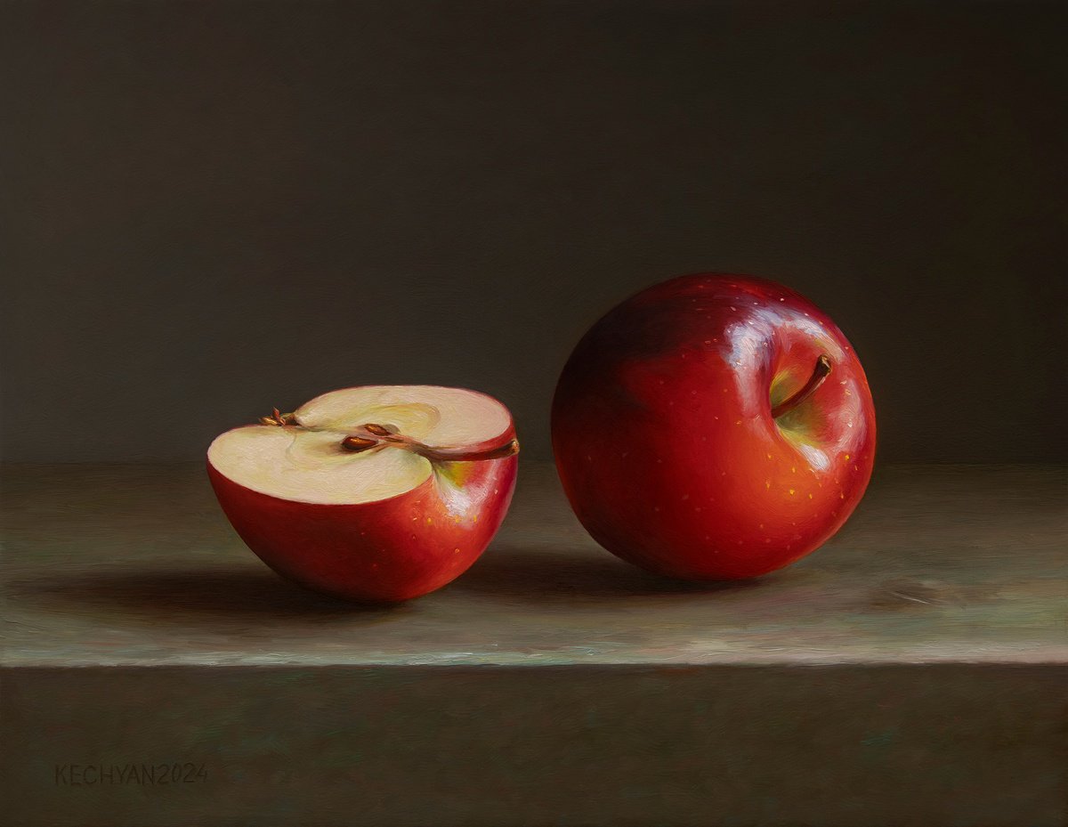 Photorealistic Still Life Oil Painting By Albert Kechyan, 12 X 9, Apples, Original Artwork