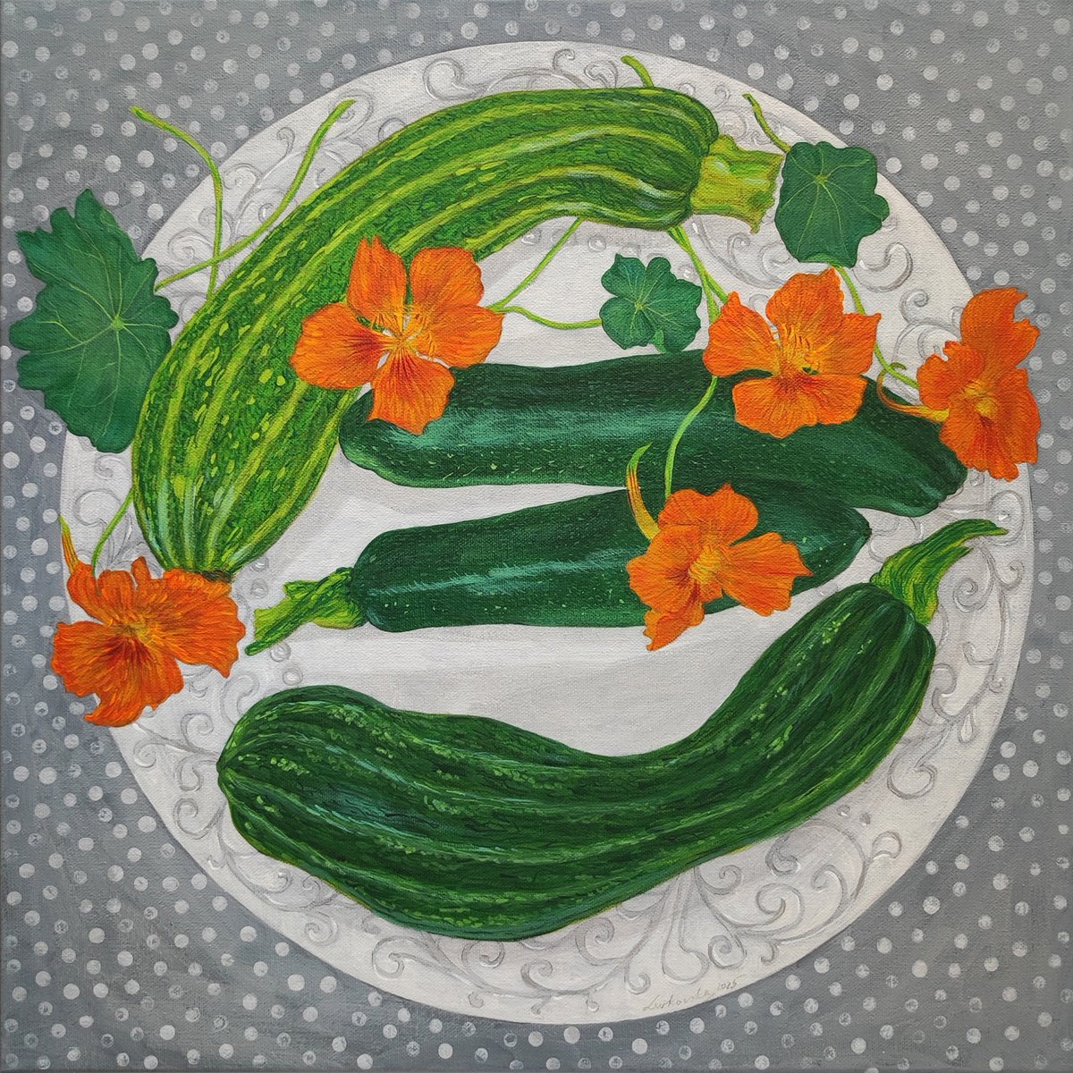 Illustrative Still Life Acrylic Painting By Natalie Levkovska, 20 X 20", Courgettes And Nasturtiums, Original Artwork