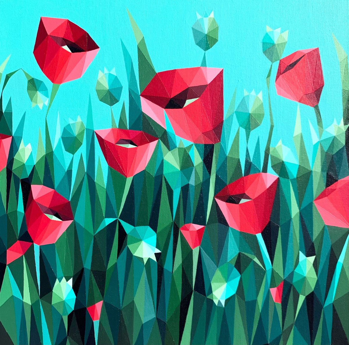 Geometric Botanical Acrylic Painting By Maria Tuzhilkina, 16 X 16", Scarlet Poppies On A Turquoise, Original Artwork