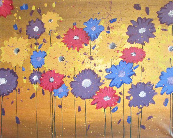 flower gold multi colour original abstract floral painting art canvas - 16 x 20 inches