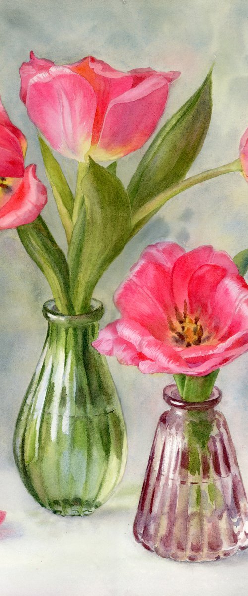 Tulips in glass vases by Yulia Krasnov