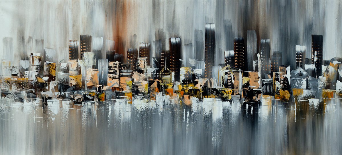 Abstract Cityscapes Acrylic Painting By Madhav Singh, 75 X 33", Skyscrapers At Night, Original Artwork