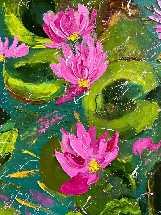 Water Lily Painting Floral Original Art Lotos Flower Oil Impasto Canvas Artwork Home Wall Art 14 by 18" by Halyna Kirichenko