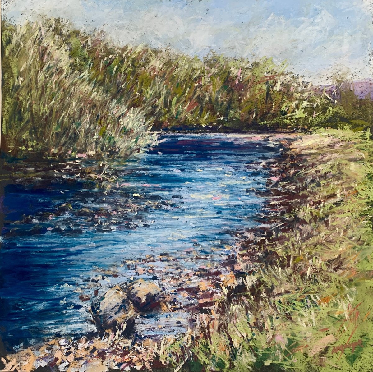 Impressionistic Landscape Pastel Drawing By Andrew Moodie, 17 X 17, River Near Bolton Abbey, Original Artwork