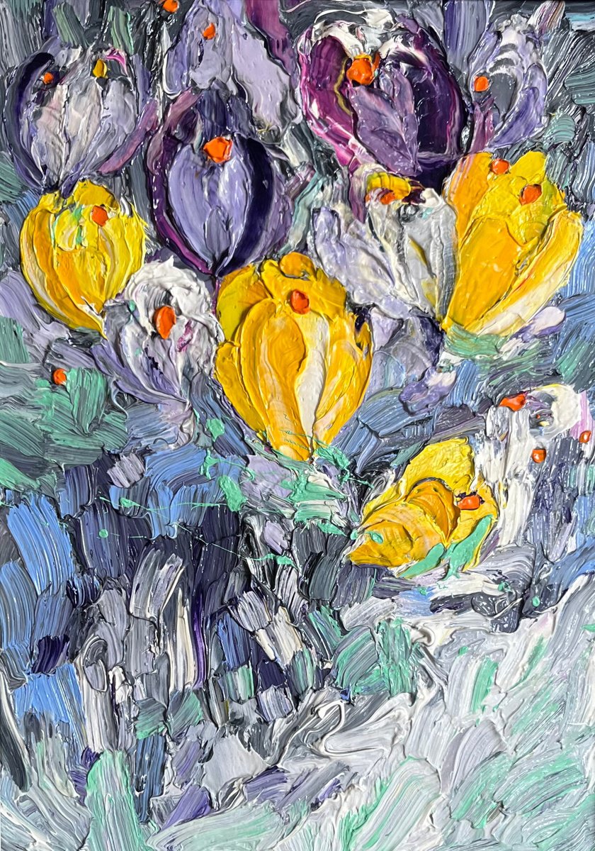 Abstract Botanical Oil Painting By Svitlana Andriichenko, 11 X 15", Crocuses, Original Artwork