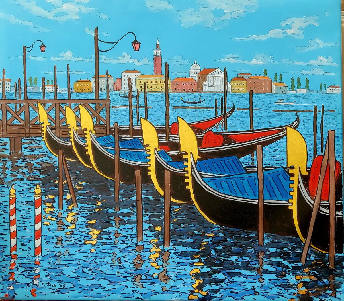 Landscape Acrylic Painting By Colin Ross Jack, 30 X 26, Venice Gondolas #4, Original Artwork