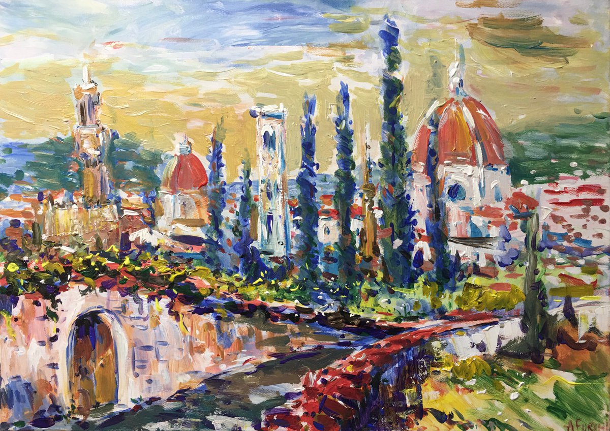 Impressionistic Landscape Acrylic Painting By Altin Furxhi, 28 X 20, Downhill To Florence, Italy, Original Artwork