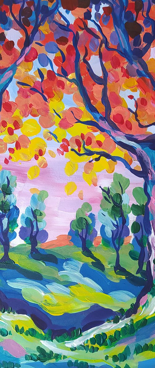 Walk among the trees - acrylic, flowers, landscape, trees, forest, painting, trees acrylic painting,  painting, landscape painting by Anastasia Kozorez