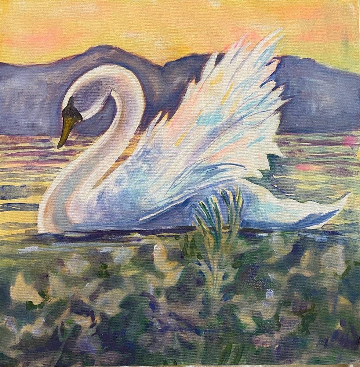 Expressive Animal Acrylic Painting By Eliry Arts, 20 X 20, Swan Lake, Original Artwork