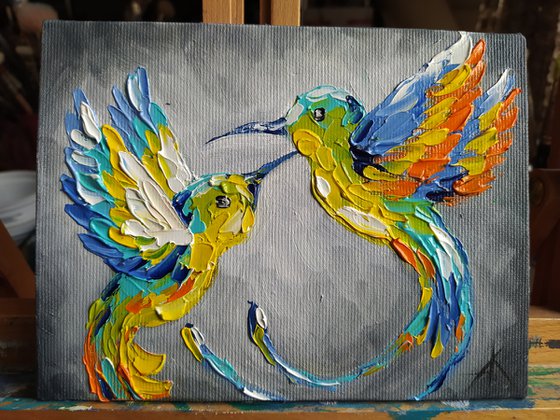 Lovers - oil painting, hummingbird, birds, love, animals oil painting, art bird, impressionism, palette knife, gift.