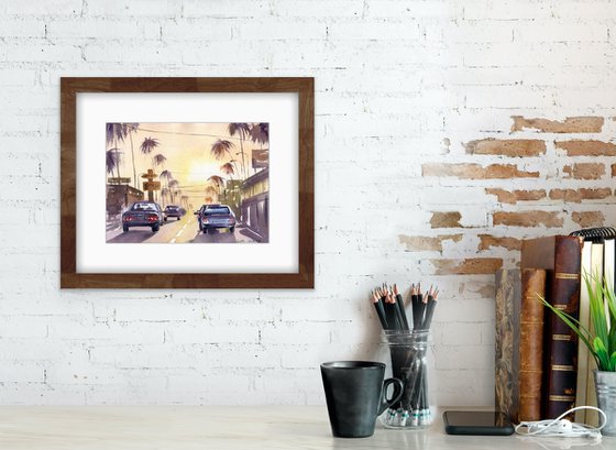 The road with cars in Los Angeles. Sunset. Original watercolor artwork.