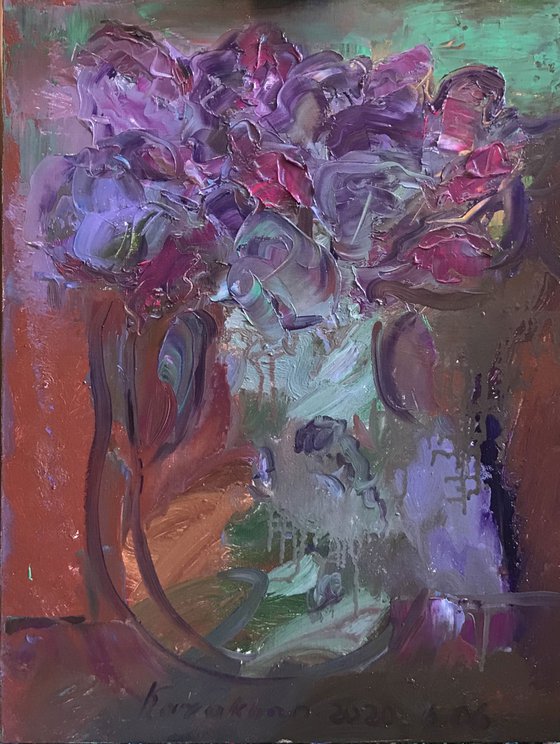 TWO IN A JUG - floral still-life, abstract lilac flowers in vase, original oil painting, gift 60x45