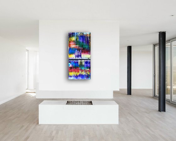 "Color Cascade" -  Original PMS Oil Painting On Reclaimed Wood - 16 x 35 inches