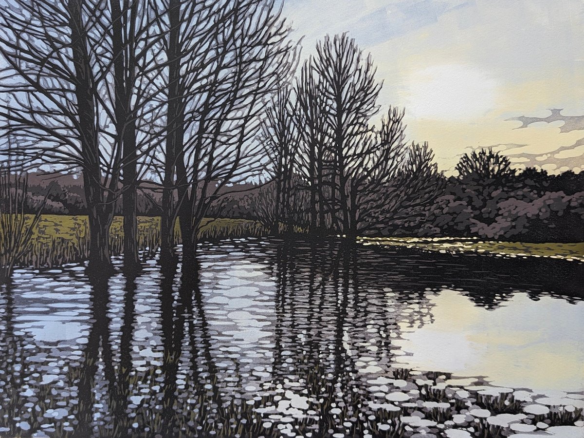 Impressionistic Linocut , Burst Banks By Alexandra Buckle, 18 X 14, Artwork For Sale On Artfinder