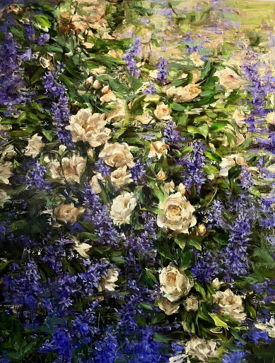 Impressionistic Botanical Oil Painting By Elena Mashajeva-Agraphiotis, 36 X 48, Lavender And Roses, Original Artwork