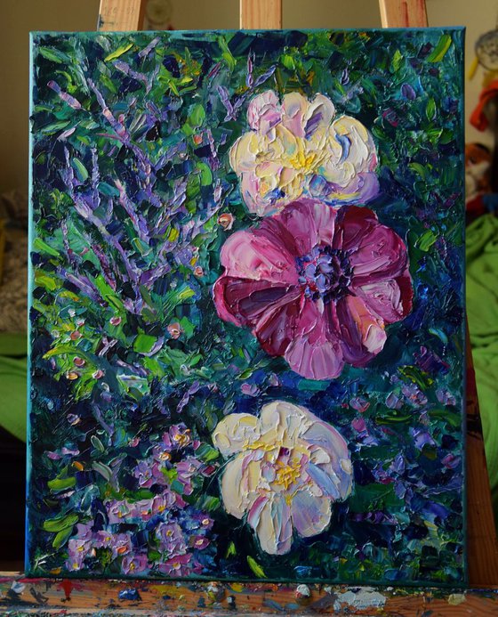 Flowers textured oil painting on canvas, Anemones with palette knife