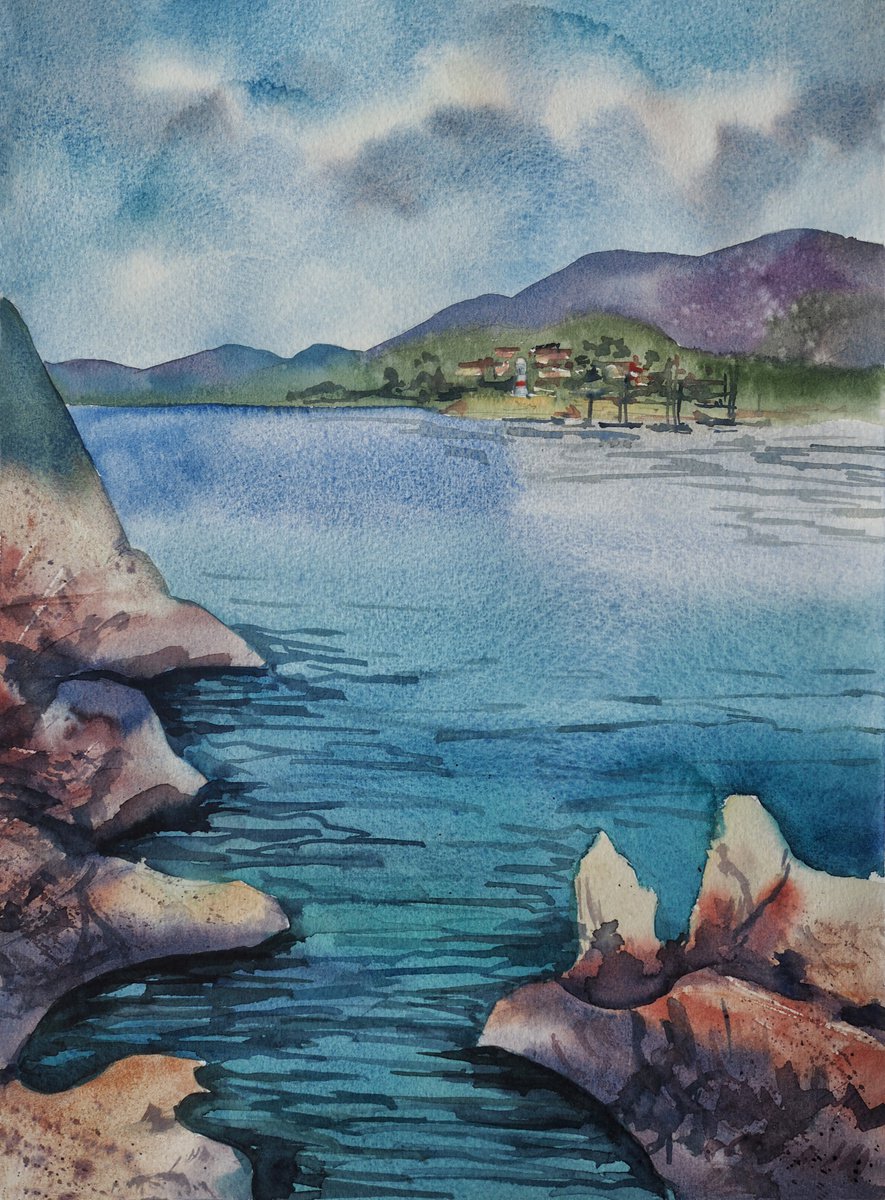 Impressionistic Landscape Watercolour By Delnara El, 11 X 15, Pleinair In The Bay, Original Artwork