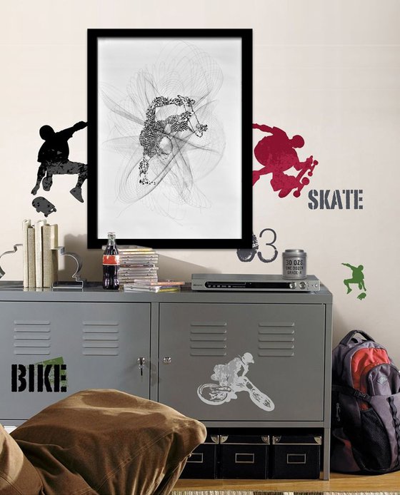Skateboarder - Vibrations Drawing Ink Modern Art On Large Paper