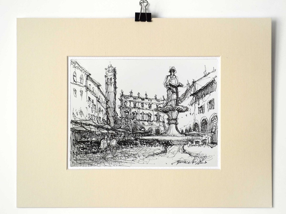 Verona, Italy, Piazza delle Erbe, original ink drawing on paper. by Marin Victor