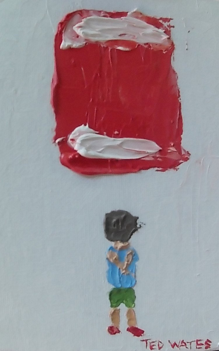 Naive Portrait Oil Painting By Ted Wates, 5 X 7", Looking At A Patrick Heron, Original Artwork