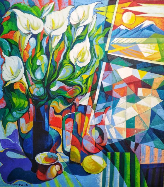 Still life with callas(80x90cm, cubism, oil painting, ready to hang)