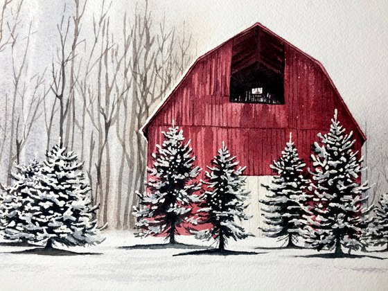 Red barn winter scene