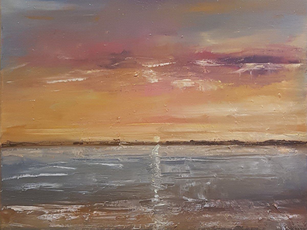 Impressionistic Landscape Oil Painting By Els Driesen, 20 X 16, Sunset At Sea 3, Original Artwork