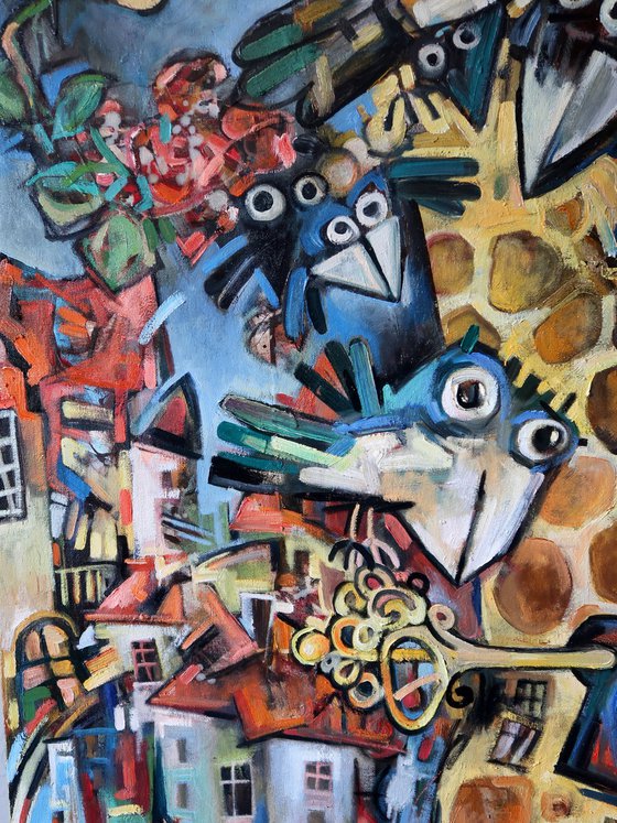Clockwork giraffe and magpies.