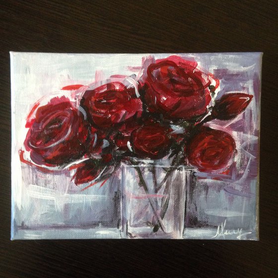 Red roses, Acrylic painting on MINI (15x20cm) (6x8inch) canvas