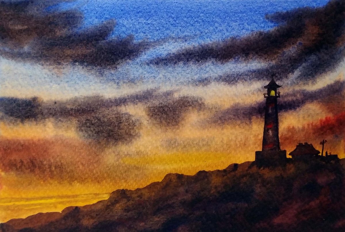 Impressionistic Landscape Watercolour By Samiran Sarkar, 8 X 6", Lighthouse At Cloudy Day Ii, Original Artwork