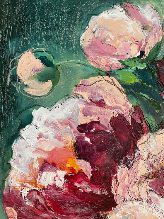 PEONIES ON EMERALD- original painting on canvas floral