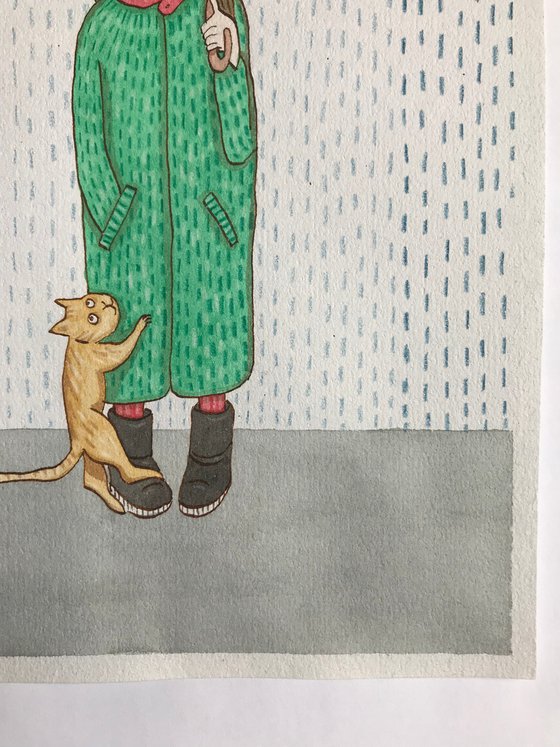 Umbrella & Cat - Mixed-media