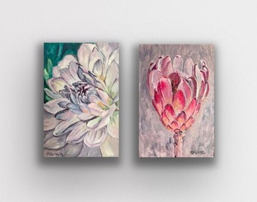 Set of 2 Purple chrysanthemum and Protea flower on silver background, oil original painting, botanical drawing by Olga Volna