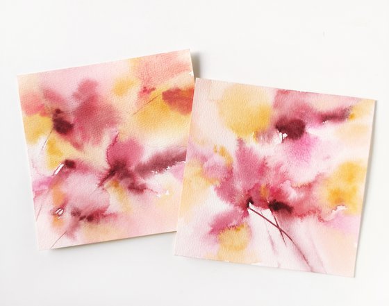 Pink flowers. Small watercolor floral painting set of 2