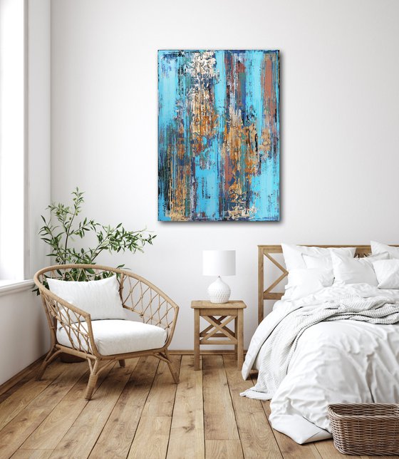 BLUE STREAM - 120 x 80 CM - TEXTURED ACRYLIC PAINTING ON CANVAS * BLUE * GOLD