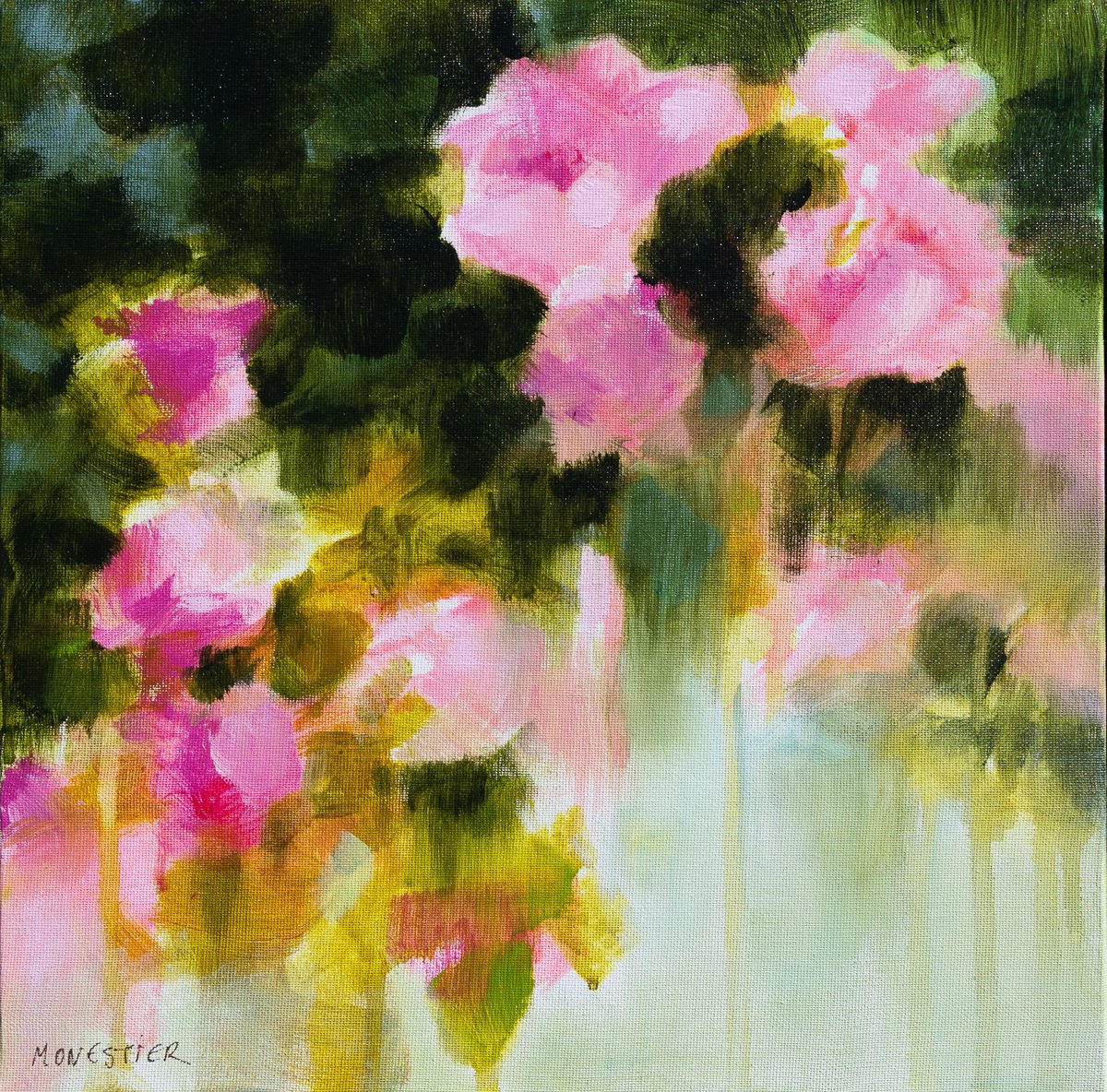 Impressionistic Botanical Acrylic Painting By Fabienne Monestier, 12 X 12, Pink Roses In A Garden, Original Artwork