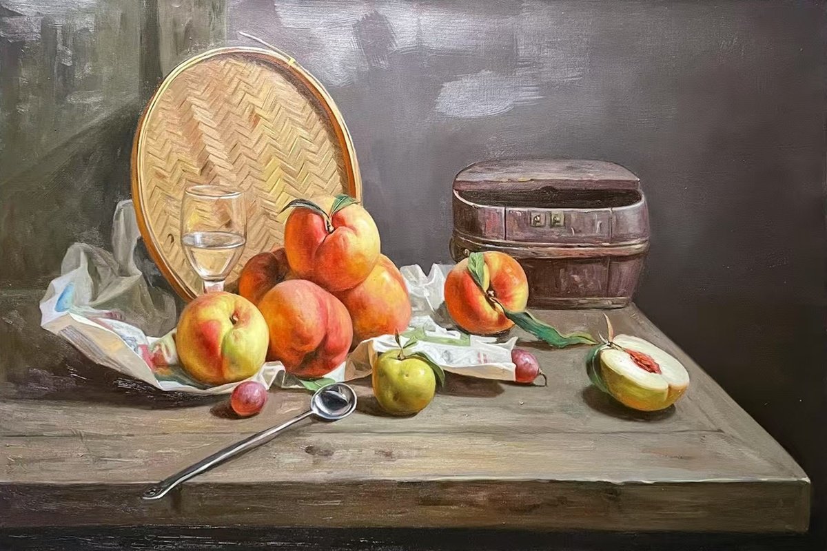 Photorealistic Still Life Oil Painting By Kunlong Wang, 35 X 24", Peaches On The Table C236, Original Artwork