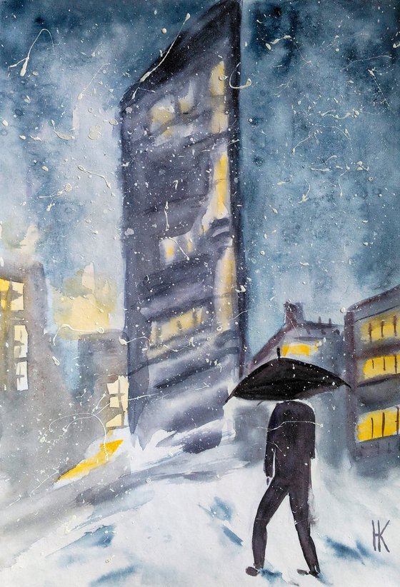 NYC Painting Christmas Original Art Bryant Park Watercolor Walk Small Home Wall Art 8 by 12" by Halyna Kirichenko