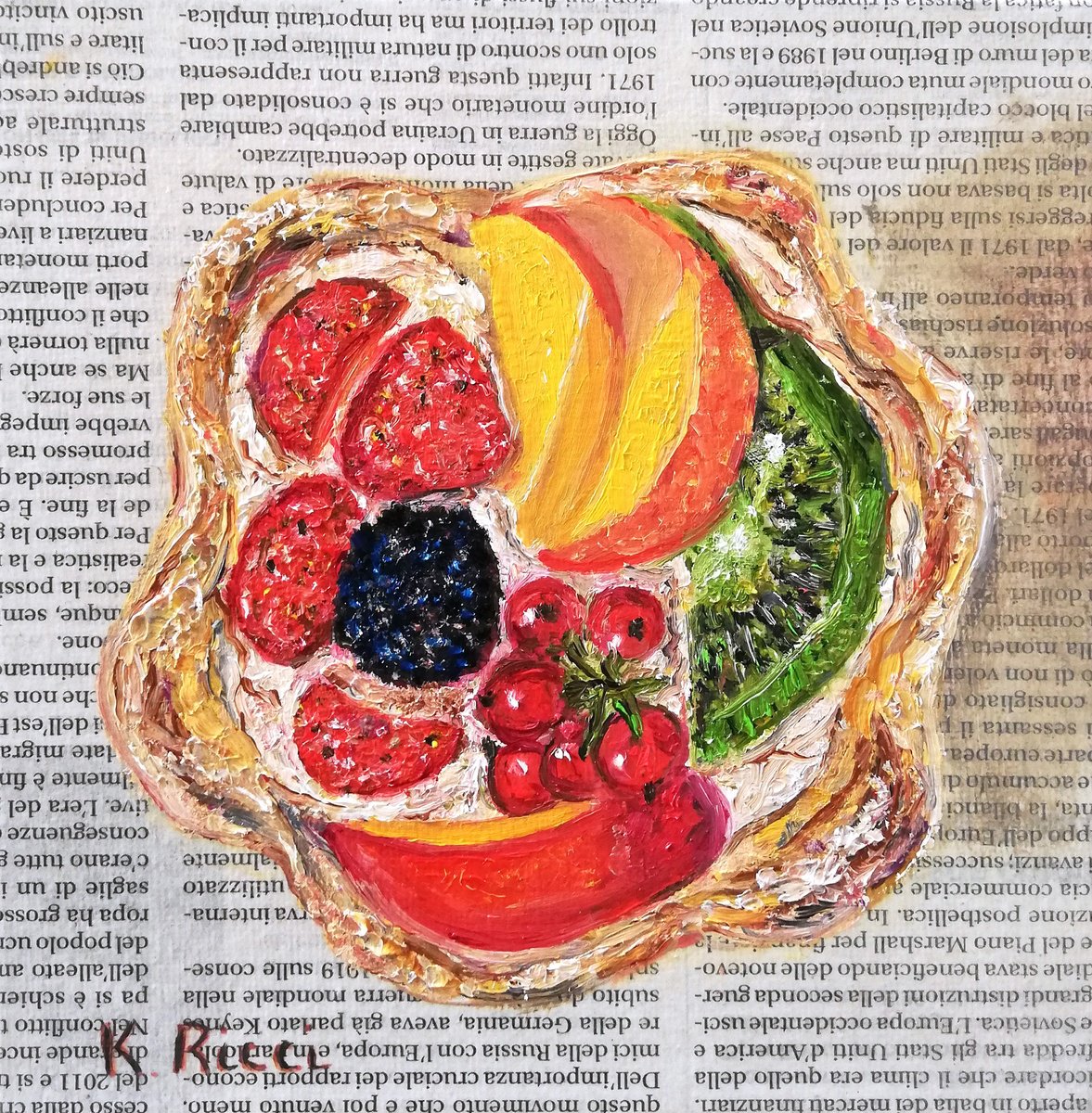 Fruit Tart on Newspaper Original Oil on Canvas Board Painting 6 by 6 inches (15x15 cm) by Katia Ricci
