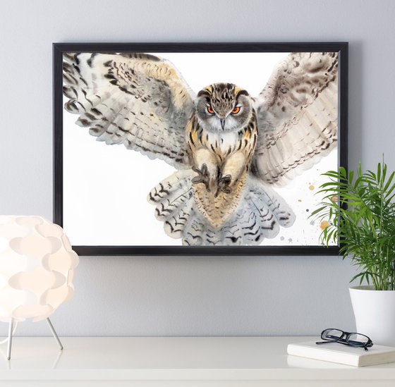 Flying Owl -  Original Watercolor - Wildlife Art - Owl Painting