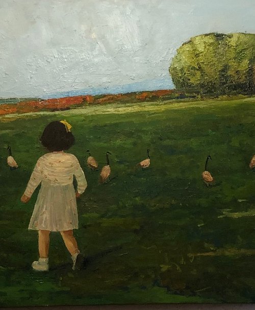Follow the geese , landscape, oil by Padmaja Madhu