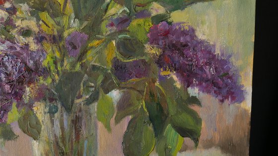 The Bouquet Of Lilacs Near the Light Window - floral still life, oil painting