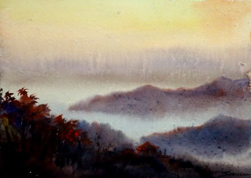 Sunset Mountain - Watercolor on Paper by Samiran Sarkar