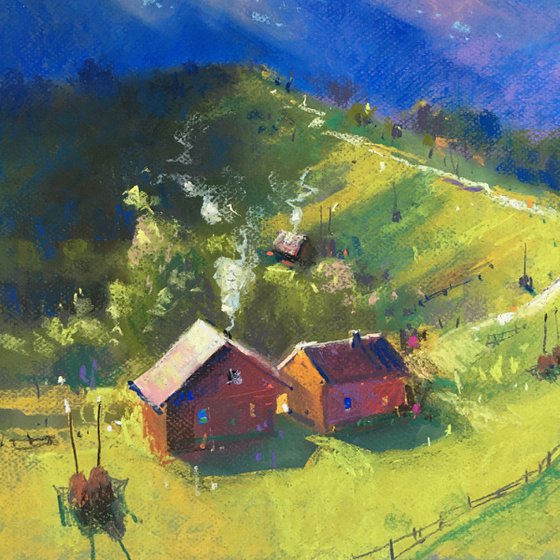 Ukrainian art Sunrise in Mountains Carpathian. Soft pastel 19.6x19.6 inch (50x50 cm)