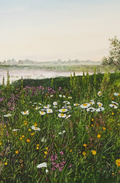 Beautiful Misty Morning at the River, Fields of flowers by Natalia Shaykina