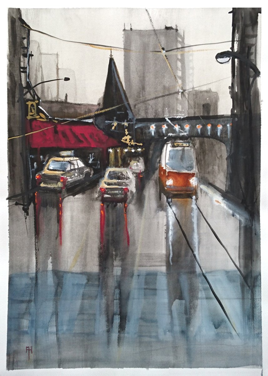 Impressionistic Cityscapes Watercolour By Alan Harris, 20 X 28, The Restaurant, Original Artwork