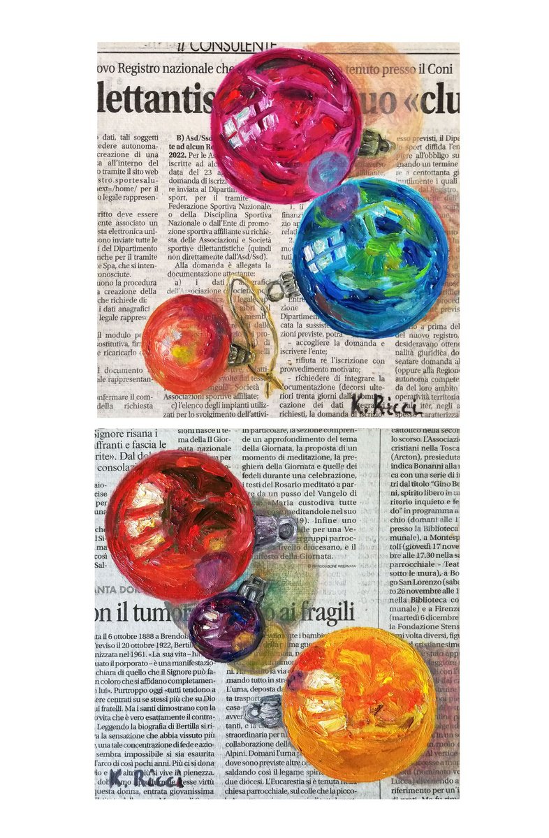 Impressionistic Still Life Oil Painting By Katia Ricci, 6 X 6", Chistmas Balls On Gazette, Original Artwork