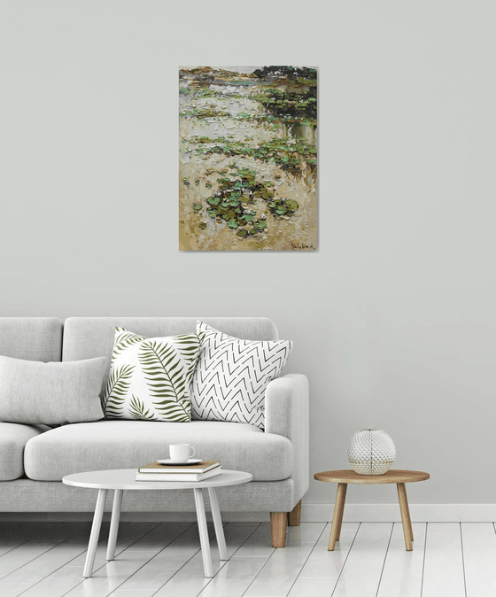 Water lily pond at sunset- Original Oil painting